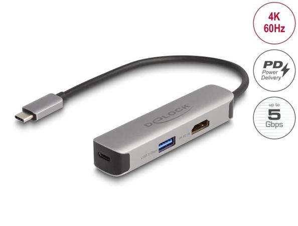 Delock Adaptér USB Type-C™ na HDMI 4K, 60 Hz, s PD USB Typu-A a USB Type-C™ Data + PD 92 W