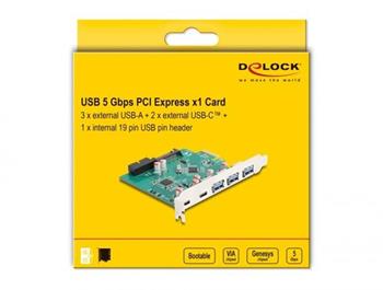 Delock Karta PCI Express x1 USB 5 Gbps na 3 x externí Typu-A + 2 x externí zásuvkové USB Type-C™ a 1 x 19 pinový interní