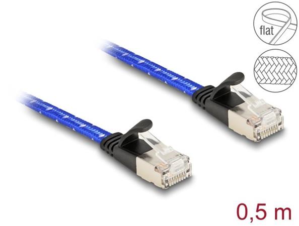 Delock Plochý síťový kabel RJ45, s pleteným opláštěním, Cat.6A, U/FTP, 0,5 m, modrý