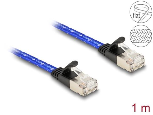Delock Plochý síťový kabel RJ45, s pleteným opláštěním, Cat.6A, U/FTP, 1 m, modrý