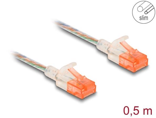 Delock Síťový kabel RJ45, Cat.6A, U/UTP, tenký, 0,5 m, transparentní