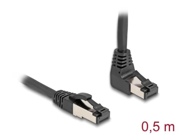 Delock Síťový kabel RJ45 Cat.8.1 S/FTP, zalomený nahoru o 90° / přímý, 0,5 m, černý