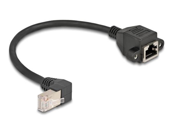 Delock Síťový prodlužovací kabel ze zástrčky S/FTP RJ45, pravoúhlý (90°), na integrovanou zásuvku RJ45, Cat.6A, 0,25 m,
