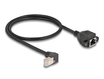 Delock Síťový prodlužovací kabel ze zástrčky S/FTP RJ45, pravoúhlý (90°), na integrovanou zásuvku RJ45, Cat.6A, 0,5 m, černý