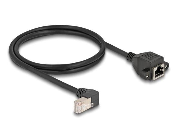 Delock Síťový prodlužovací kabel ze zástrčky S/FTP RJ45, pravoúhlý (90°), na integrovanou zásuvku RJ45, Cat.6A, 1 m, černý
