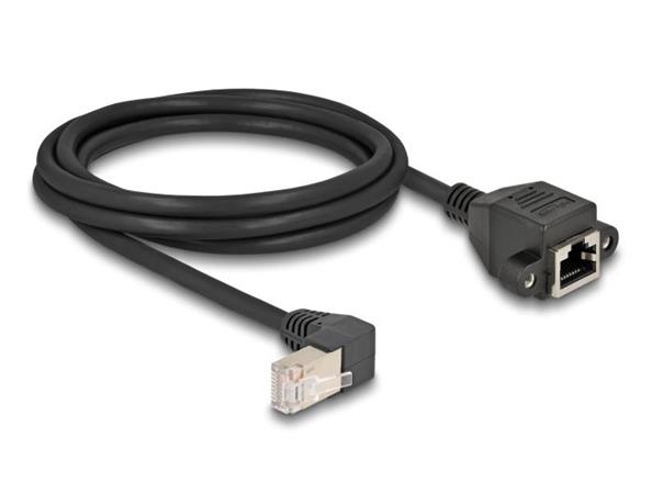 Delock Síťový prodlužovací kabel ze zástrčky S/FTP RJ45, pravoúhlý (90°), na integrovanou zásuvku RJ45, Cat.6A, 2 m, černý