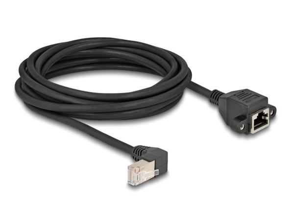 Delock Síťový prodlužovací kabel ze zástrčky S/FTP RJ45, pravoúhlý (90°), na integrovanou zásuvku RJ45, Cat.6A, 5 m, černý